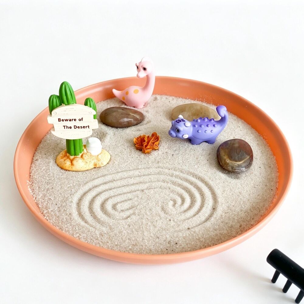 Dinosaur Zen Garden Kit, Mini Desktop Sand Garden with Dino Figurines